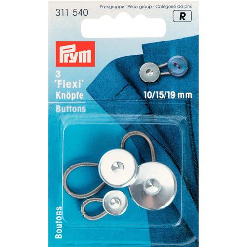 De handige Flexi-knopen van Prym kun je gebruiken om bijvoorbeeld een te strakke tailleband van een broek of rok wijder te maken. De Flexi-knoop is een metalen knoop met een elastische lus.