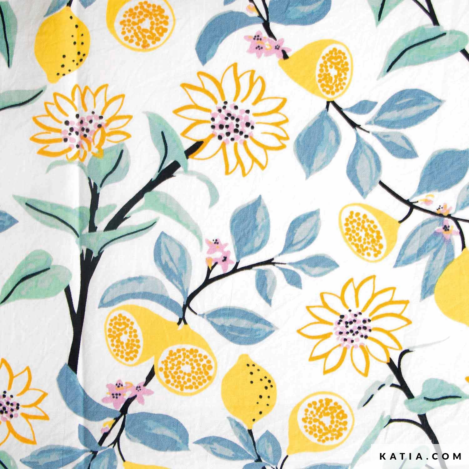 Katoen poplin stof met lemon en flowers patroon