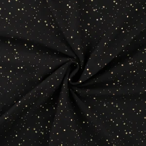 Deze French Terry stof met gouden glitter universe in de kleuren zwart kun je onder andere gebruiken voor het maken van kleding, babykleding, jurken,sweaters en meer ...