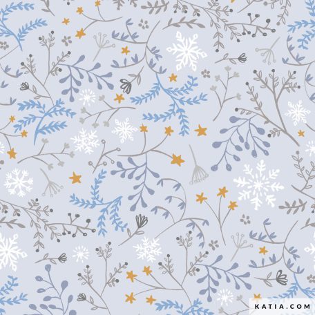 100% katoenen stof met een print van bloemen, takken en sneeuwvlokken op een lichtblauwe achtergrond. ideaal om comfortabele en mooie kleding voor jouw kleintje te naaien, zoals blouses en jurken.