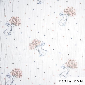 100% katoenen mousseline stof met een prachtige print van konijnen met een bos bloemen. De Rabbit Flowers mousseline stof van Katia Fabrics is dankzij zijn zachtheid ideaal voor kledingstukken en naaiprojecten voor de kleintjes thuis, zoals shirts, jurken en doeken.