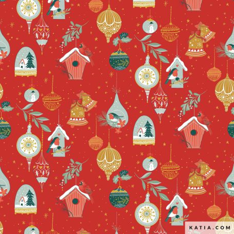 Met de katoenen stof Xmas Poplin Jingle Bells van Katia Fabrics naai je tafelkleden, servetten, kussens en allerlei kerstdecoraties.