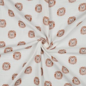 Ontdek deze hydrofiele stof met digitale leeuwenprint: zacht, ademend en ideaal voor babykleding, doeken en creatieve naaiprojecten