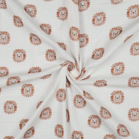 Ontdek deze hydrofiele stof met digitale leeuwenprint: zacht, ademend en ideaal voor babykleding, doeken en creatieve naaiprojecten