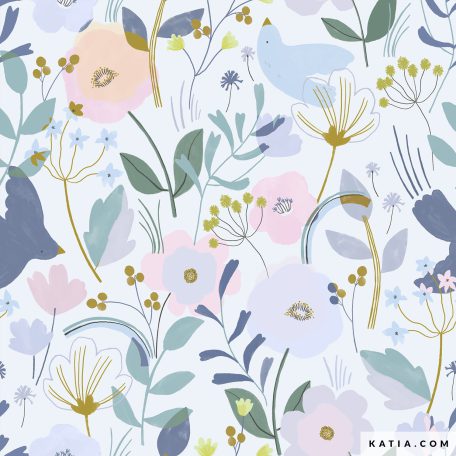 Poplinstof met een bloemenprint op een pastelblauwe achtergrond. Poplin Aquarelle Floral van Katia Fabrics is perfect om kledingstukken te naaien.