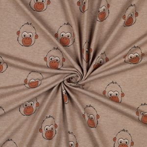 Deze jersey melange met apen is duurzaam gemaakt volgens OEKO-tex standaard 100. Deze jersey kan onder andere gebruikt worden voor kleding, babykleding, jurken, rokken, en meer..