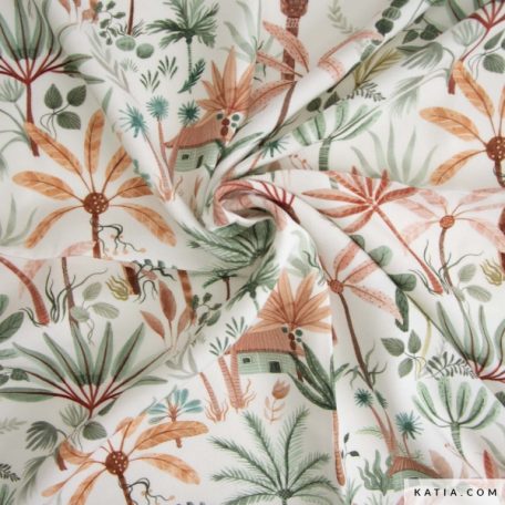Deze Ecoviscose Bohios viscose stof van Katia Fabrics ziet eruit en voelt aan als zijde. Dankzij de zachtheid, luchtigheid en mooie tropische print kun je bijzondere en originele kledingstukken maken voor jezelf of je kleintjes.