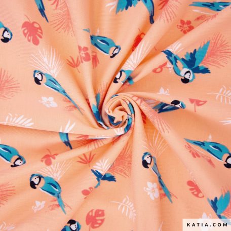 De Surf Parrots Jersey T-shirt gebreide stof van Katia Fabrics is ideaal om originele jurkjes of T-shirts voor je kleintjes te naaien