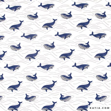 Deze Jersey Whales van Katia Fabrics is een comfortabele, zachte en lekker zittende stof waarmee je kleding voor baby´s, kinderen en volwassenen kunt naaien