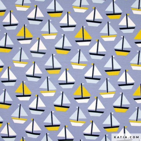 De Summer Sweat Ships Pastel van Katia Fabrics heeft een leuke scheepsprint op een sweatstof die ideaal is voor jurken en sweatshirts voor deze lente-zomer.