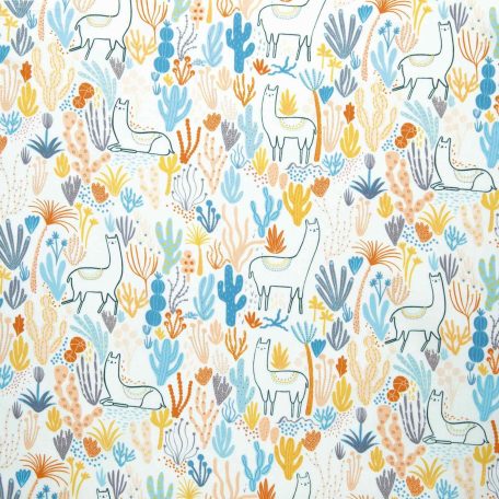 100% katoenen poplin met lama's en cactusprint op een gebroken witte achtergrond. Super leuk voor het naaien van babykleding en accessoires voor de baby.