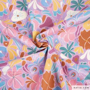 100% poplin katoen met een prachtige bloemenprint in verschillende kleuren: roze, blauw, groen, wit, geel en meer voor het maken van bloezen, jurken en meer