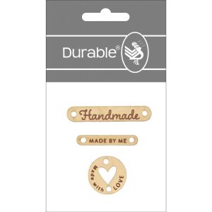 Durable Houten labels om een unieke decoratieve afwerking toe te voegen aan handgemaakte items zoals tassen, kleding, manden of cadeauverpakkingen.