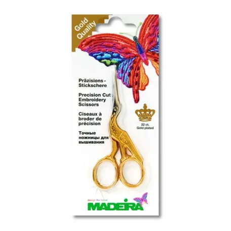 De Madeira ooievaarschaar kan voor allerlei handwerken worden gebruikt en mag in geen enkele naaimand ontbreken. De vergulde schaar heeft een handig formaat en heeft knipkracht tot in de punt.