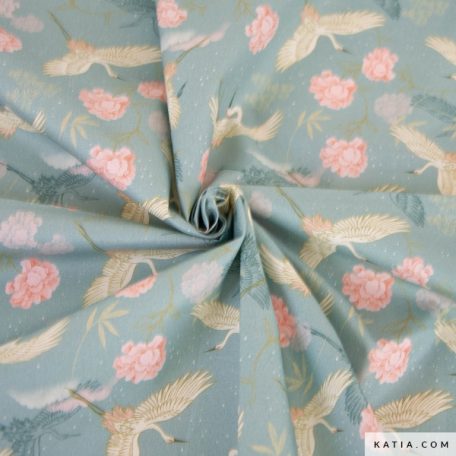 Katia Fabrics 100% katoenen popeline stof met een mooie Japanse stijlprint is perfect voor het naaien van kledingstukken zoals jurken of blouses.