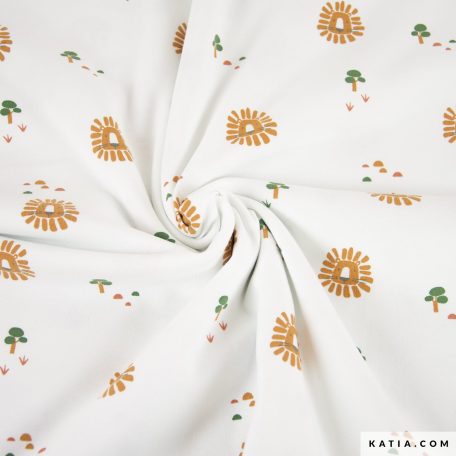 Deze stof met levendig leeuwenpatroon is ideaal voor het maken van comfortabele en originele kleding voor het hele gezin, zoals sportkleding, T-shirts en pyjama's