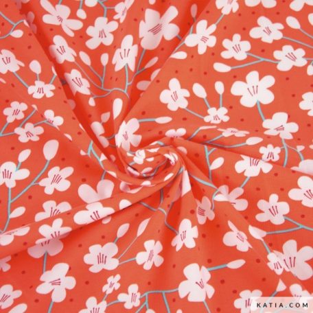De Jersey Japan Flower stof van Katia Fabrics is een katoenen jersey met 5% elastaan in de samenstelling, wat zorgt voor meer elasticiteit en comfort.