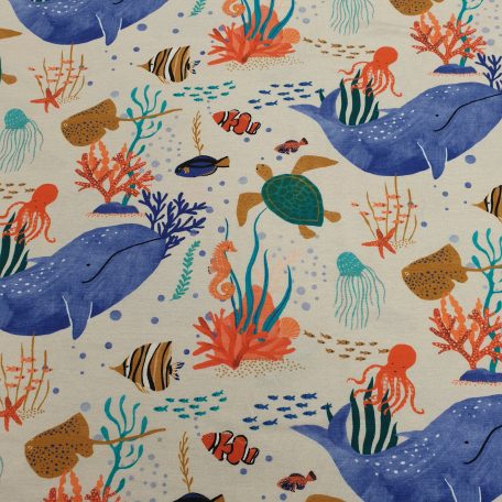Deze jersey stof met digitale zeedierenprint is gemaakt van 97% gekamde katoen en 3% elastaan, wat zorgt voor een zachte en comfortabele textuur met een lichte rek