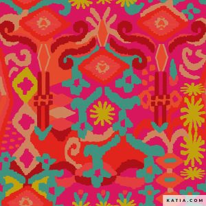 De viscose stof Rayon Maya Chalis van Katia Fabrics betovert met zijn aantrekkelijke patroon, geïnspireerd op de levendige kleuren en patronen van de Mayacultuur