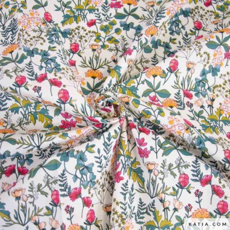 Deze stof heeft een prachtige print van Liberty-stijl bloemen en bladeren in roze, groene en gele tinten, die de elegantie en rust van een Britse tuin oproepe