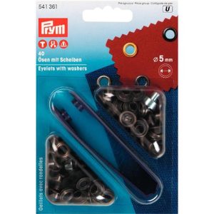 Prym ringen met schijven – perfect voor het professioneel afwerken van gaten in kleding, tassen, zeilen en meer. Eenvoudig te bevestigen en roestvrij.