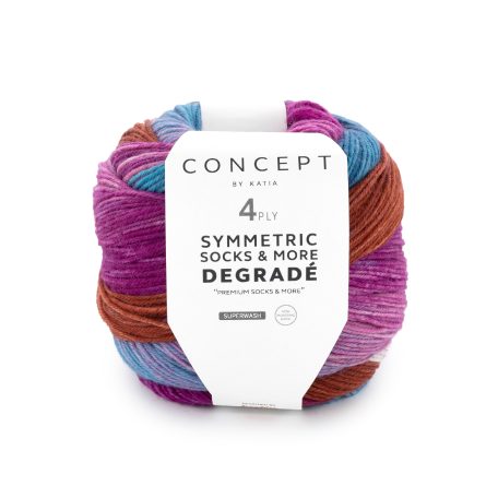 Brei twee identieke sokken met Katia Degradé! Uniek kleurverloop en handige tussenstart. 1 bol = 1 paar sokken t/m maat 44. Ook voor accessoires.