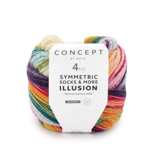 Brei twee identieke sokken met Katia Illusion Uniek kleurverloop en handige tussenstart. 1 bol = 1 paar sokken t/m maat 44. Ook voor accessoires.