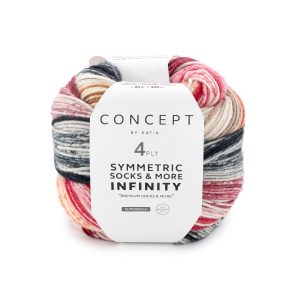Brei twee identieke sokken met Katia Infinity! Uniek kleurverloop en handige tussenstart. 1 bol = 1 paar sokken t/m maat 44. Ook voor accessoires.