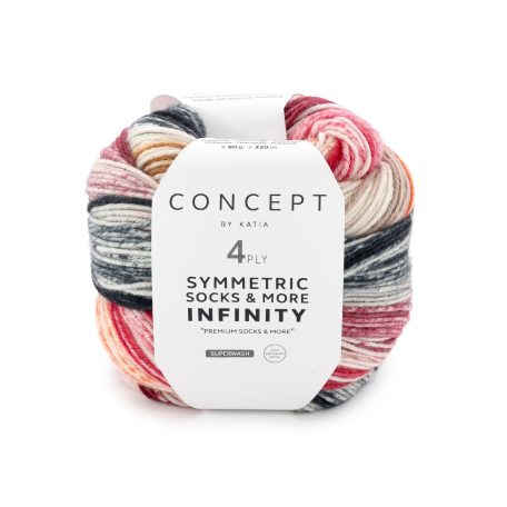 Brei twee identieke sokken met Katia Infinity! Uniek kleurverloop en handige tussenstart. 1 bol = 1 paar sokken t/m maat 44. Ook voor accessoires.