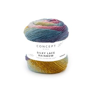 Ontdek Concept Silky Lace Rainbow, een elegante mix van merinowol en zijde met een lange kleurverloopcyclus die vloeiende en harmonieuze overgangen creëert