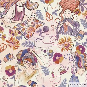 De Katia Poplin met Knit & Sew illustraties in warme tinten is ideaal voor unieke kledingstukken, naai-projecttassen of decoratieve accessoires voor je atelier