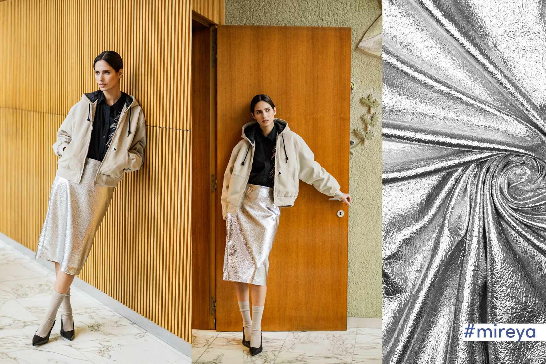 Deze geweven foil crackle brushed wordt gebruikt voor Fibre Mood model Mireya en is duurzaam gemaakt volgens de OEKO-TEX Standard 100.