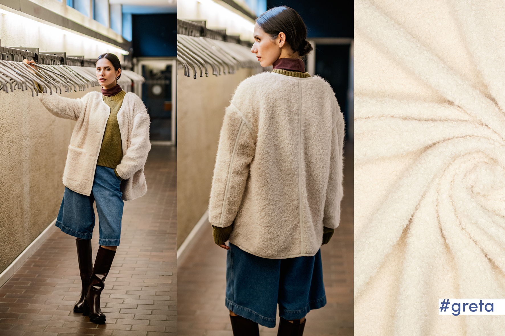 Deze harige bouclé wordt gebruikt voor Fibre Mood model Greta en is duurzaam gemaakt volgens de OEKO-TEX Standard 100.