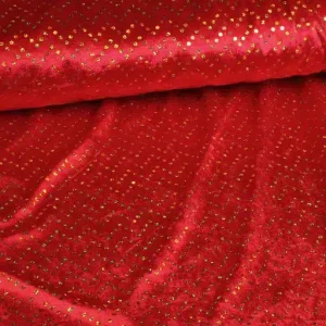 Velours de panne hologram stof in rood met guden glans. Stretch, soepel en ideaal voor carnaval en kleding. 100% polyester.