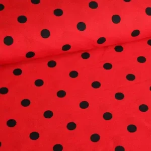 Terlenka stof rood met kleine stip zwart. Soepel, slijtvast en onderhoudsvriendelijk. Perfect voor kleding en accessoires. Bestel online.