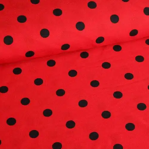 Terlenka stof rood met kleine stip zwart. Soepel, slijtvast en onderhoudsvriendelijk. Perfect voor kleding en accessoires. Bestel online.