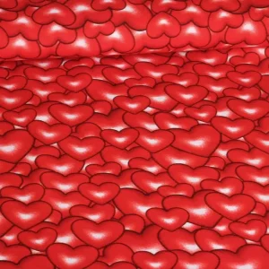 Vrolijke terlenka stof met hartjes print. Soepel, slijtvast en onderhoudsvriendelijk. Perfect voor kleding en accessoires. Bestel online.