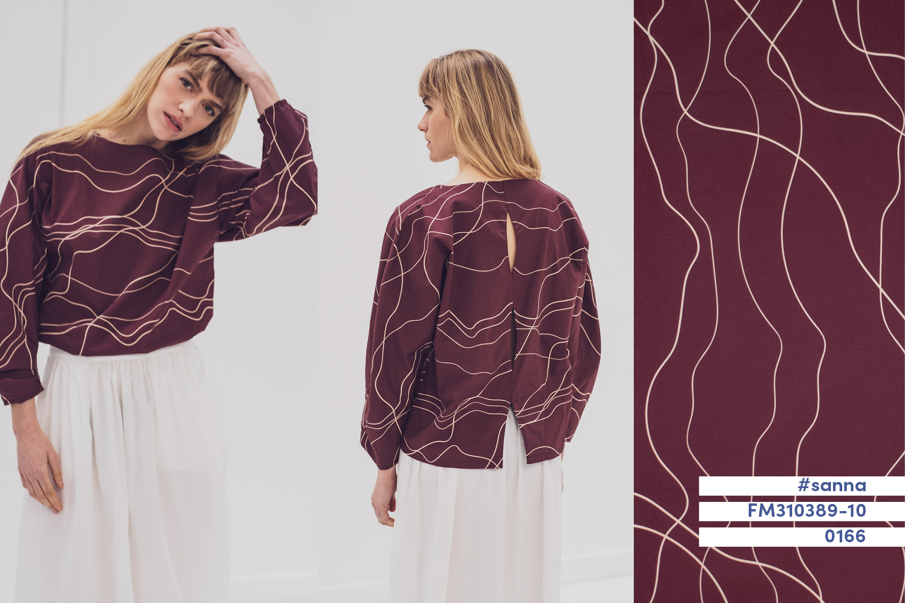Stof voor Fibre Mood model Sanna kopen? Kies deze duurzame poplin katoen met abstracte lijnen en OEKO-TEX Standard 100 certificering