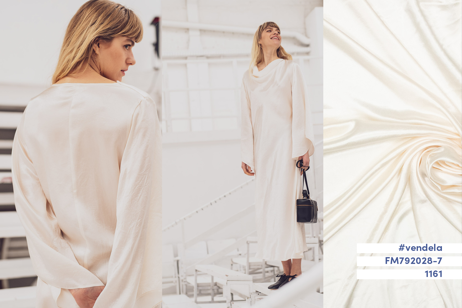 Stof voor Fibre Mood model Vendela kopen? Kies deze shiny acetate gebroken wit met OEKO-TEX Standard 100 certificering.