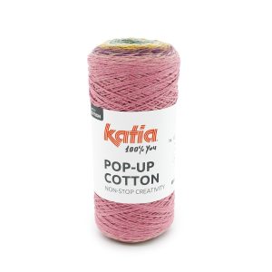 Katia Pop-Up Cotton is een kleurrijk katoengaren met een cyclisch kleurverloop. Met één bol brei je al een damestop of meisjesjurkje. Perfect voor snelle projecten.