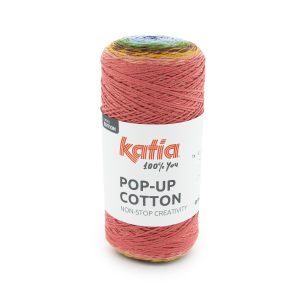 Katia Pop-Up Cotton is een kleurrijk katoengaren met een cyclisch kleurverloop. Met één bol brei je al een damestop of meisjesjurkje. Perfect voor snelle projecten.