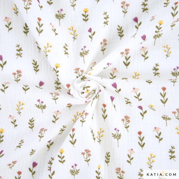 Zachte bloemen mousseline van katoen van Katia Fabrics. Perfect voor babykleding, jurken en accessoires. Luchtig, ademend en makkelijk te naaien.