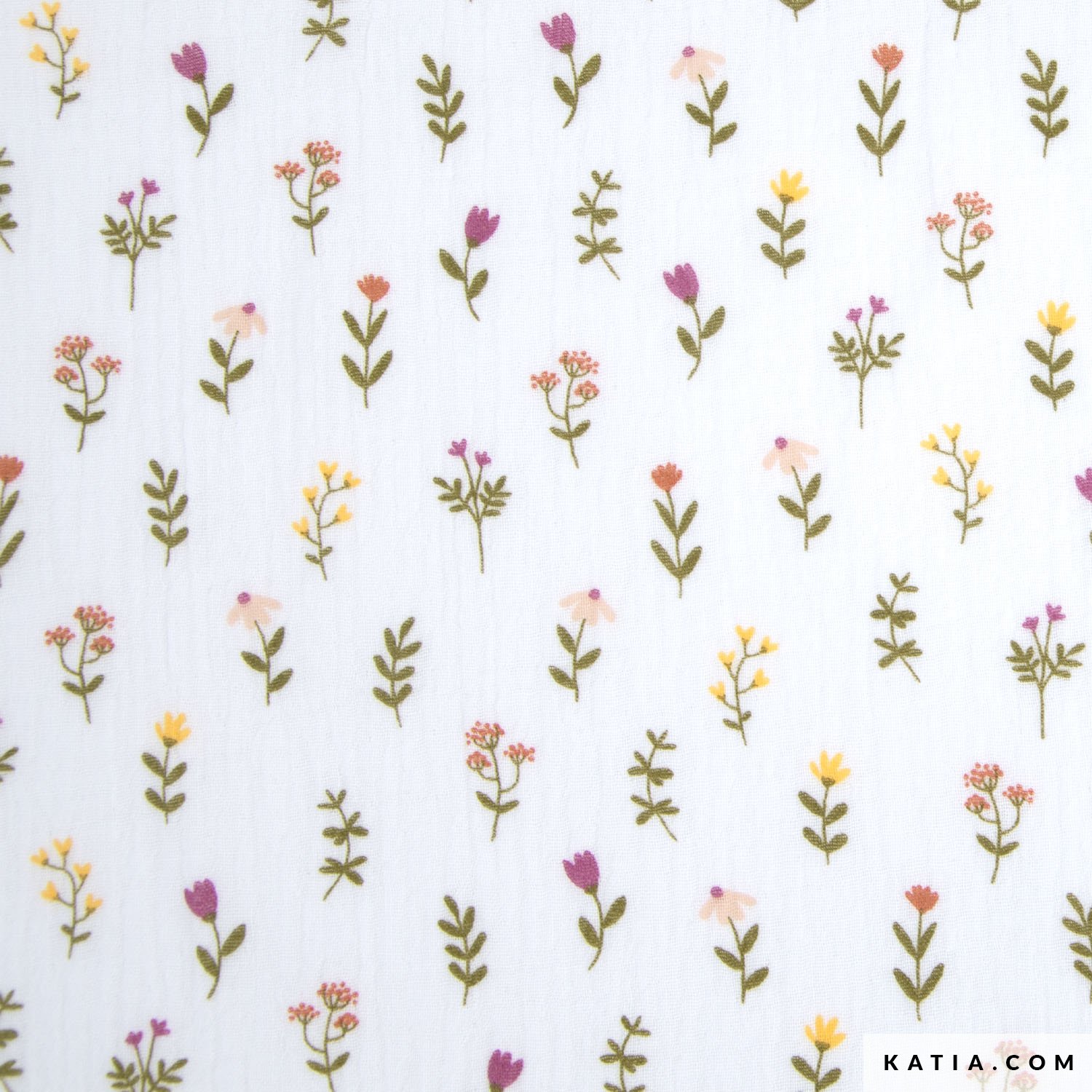 Zachte bloemen mousseline van katoen van Katia Fabrics. Perfect voor babykleding, jurken en accessoires. Luchtig, ademend en makkelijk te naaien.