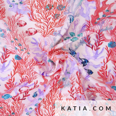 Luchtige viscose voile met zeebodem print van Katia Fabrics. Perfect voor zomerkleding zoals jurken, rokken en blouses. Bestel eenvoudig online!
