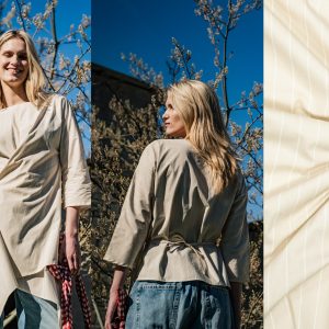 Stof voor Fibre Mood model Bryn kopen? Kies deze poplin katoen met strepen in de kleur wit-beige met OEKO-TEX Standard 100 certificering.