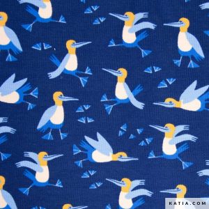 Ontdek de Blue Legged Bird jerseytricot van Katia Fabrics met kleurrijke vogelprint. Zachte, elastische en ademende stof voor T-shirts, jurken en kinderkleding.