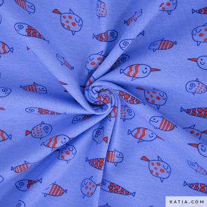 Ontdek de Happy Fish jerseytricot van Katia Fabrics met vrolijke vissenprint. Zachte en rekbare stof voor kinderkleding, pyjama’s, jurkjes en T-shirts.