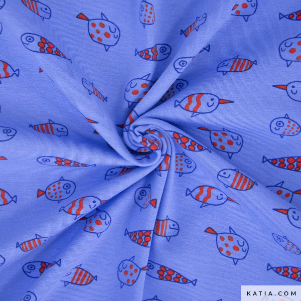 Ontdek de Happy Fish jerseytricot van Katia Fabrics met vrolijke vissenprint. Zachte en rekbare stof voor kinderkleding, pyjama’s, jurkjes en T-shirts.
