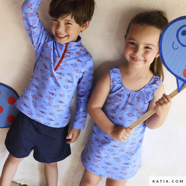 Ontdek de Happy Fish jerseytricot van Katia Fabrics met vrolijke vissenprint. Zachte en rekbare stof voor kinderkleding, pyjama’s, jurkjes en T-shirts.