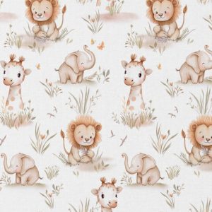 Een stijlvolle katoenen stof met een baby safari animal print in zachte kleuren. Perfect voor het maken van kleding, accessoires en decoratieve projecten.